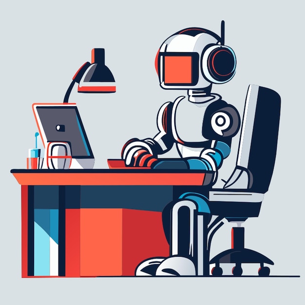 een robot die aan een powerpoint dia's vectorillustratie werkt