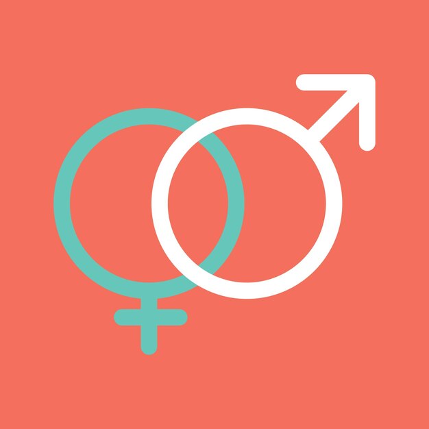Een rode achtergrond met een mannelijk en vrouwelijk symbool.