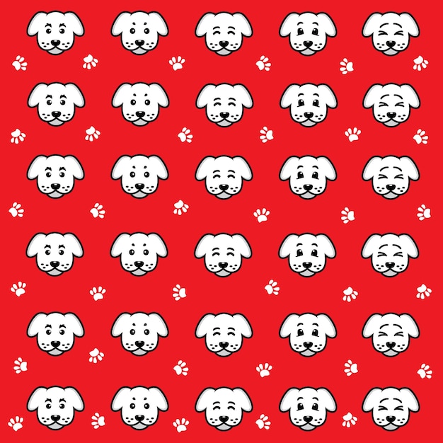 Een rode achtergrond met het gezicht van een hond en pootafdrukken.