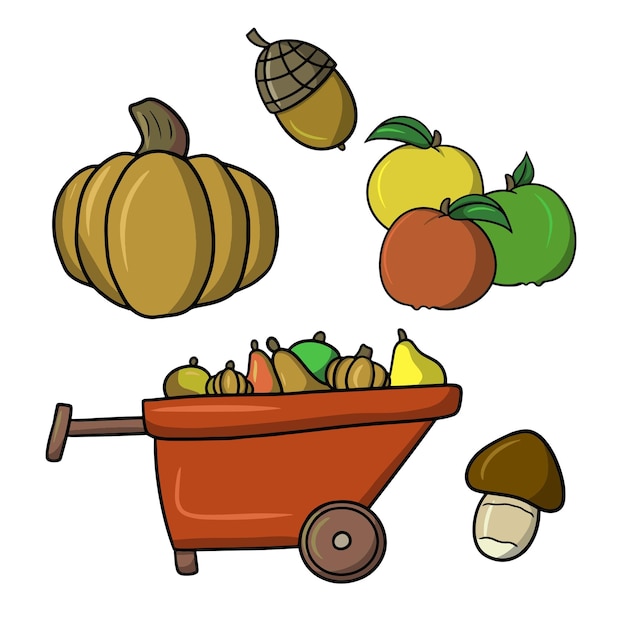 Een rode houten kar met een oogst, een grote pompoen, appels en paddenstoelen een set vectorcartoons