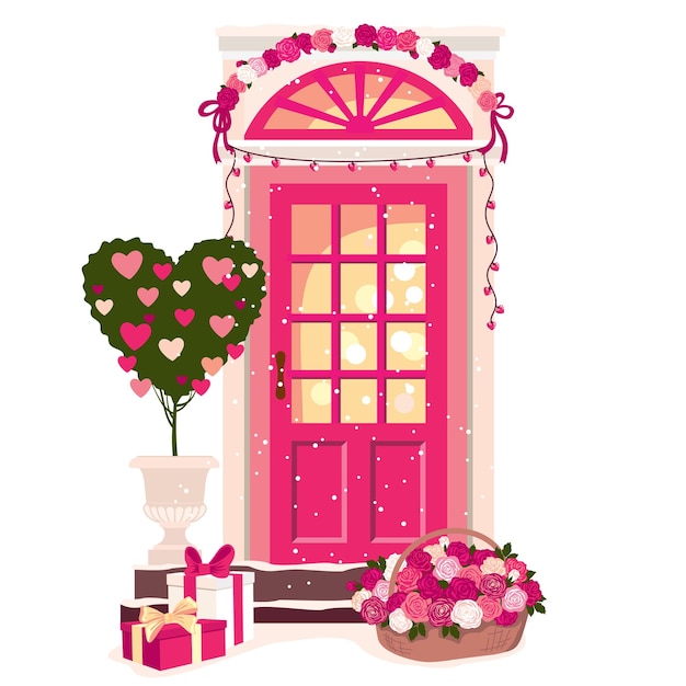 Een rode ingang met een feestelijke decoratie voor Valentijnsdag geïllustreerde vector clipart