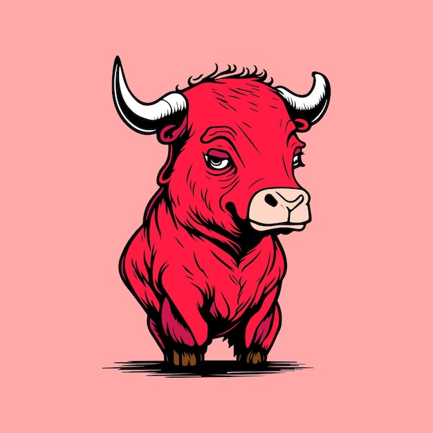 Vector een rode stier met een zwarte neus en een witte neus staat op een roze achtergrond.