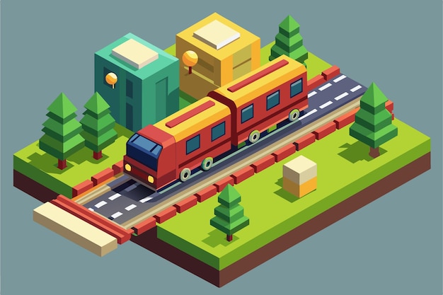 Vector een rode trein rijdt langs spoorlijnen naast een dicht bos train customizable isometric illustration