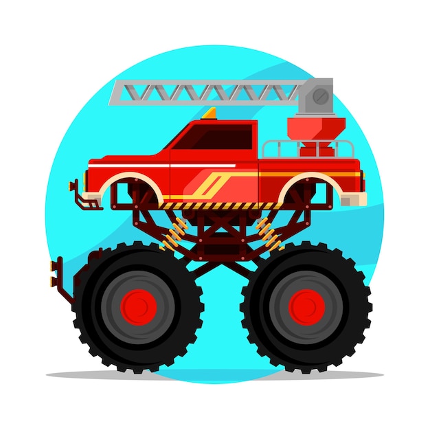 Een rode vuurmonstertruck van het reddingsteam