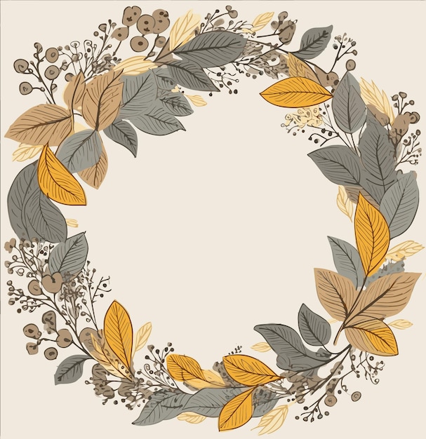 Een rond frame met een krans van bladeren en bloemen