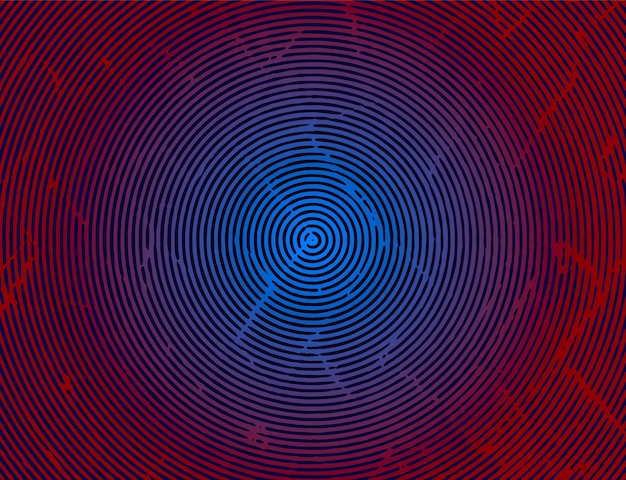 Een rood-blauw spiraalvormig vingerafdruk-effectpatroon op een zwarte achtergrond met roode en blauwe kleur