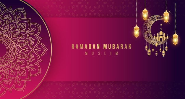 Een roze achtergrond met een paarse achtergrond en een roze achtergrond met de tekst ramadan mubarak.