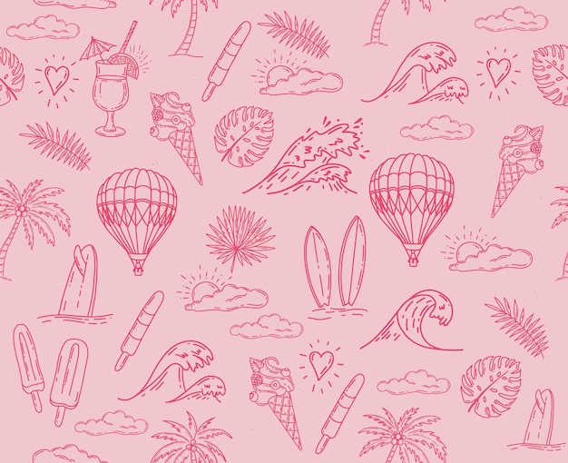 Een roze achtergrond met veel verschillende heteluchtballonnen en palmbomen.