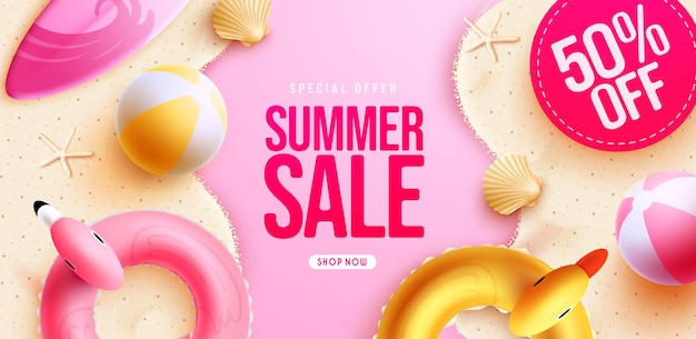 Een roze poster voor een zomeruitverkoop met kleurrijke items.