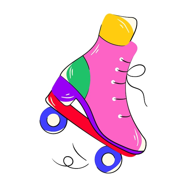 Een roze rolschaats met een gele streep aan de onderkant.