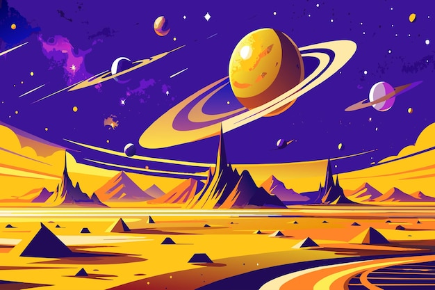 Vector een ruimtescène met een gele planeet in het midden en een paarse achtergrond