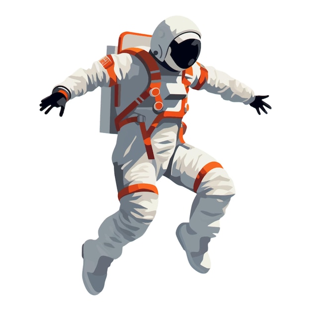 een ruimtevaarder die een jumpsuit draagt en springt tussen de lucht en de grond witte achtergrond