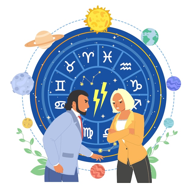 Een ruzie tussen een stel toont een vectorillustratie van zodiac-teken mismatch.