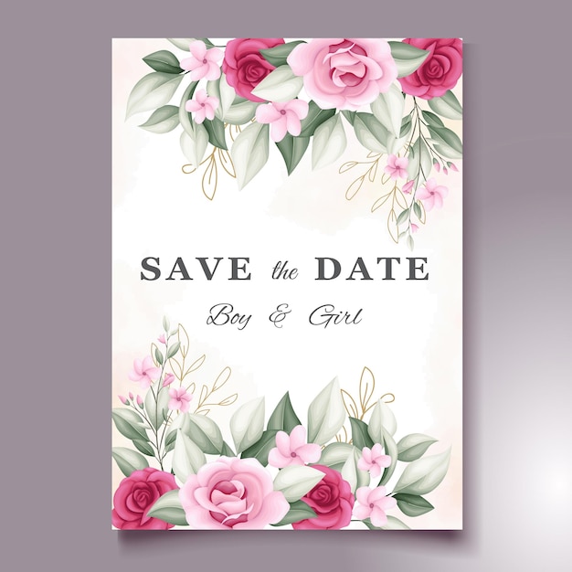 Vector een save the date kaart met roze bloemen en blaadjes.