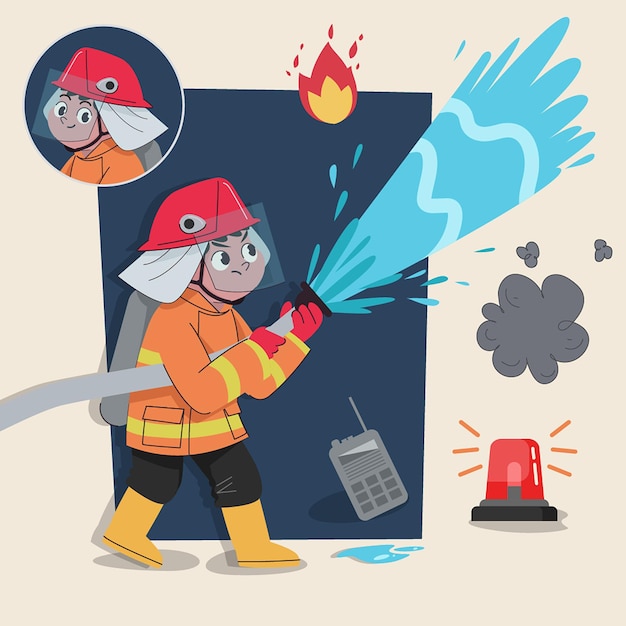 een schattig 2D-personage van een brandweerman klaar voor animatie, compleet met jobtools