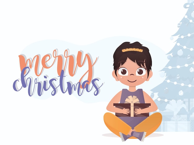 Een schattig klein meisje houdt een geschenk in haar handen Merry christmas banner Cartoon-stijl