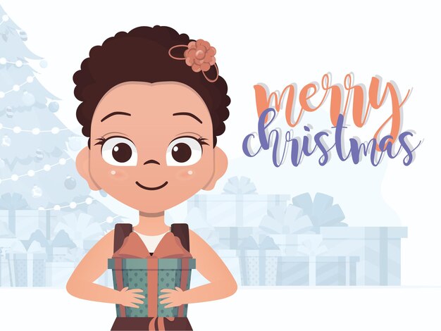 Een schattig klein meisje houdt een geschenk in haar handen Nieuwjaarsbanner Vlakke stijl