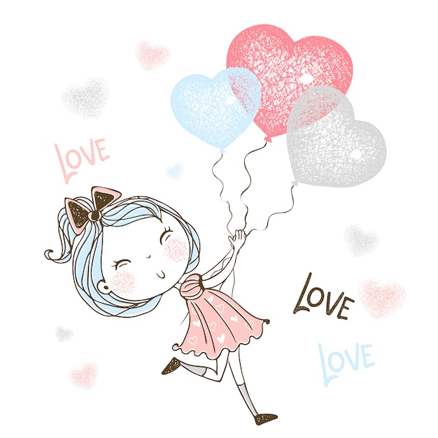 Een schattig klein meisje rent achter ballonnen aan in de vorm van een hart.