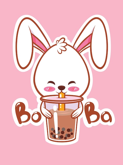 een schattig konijn drinken boba thee cartoon karakter illustratie