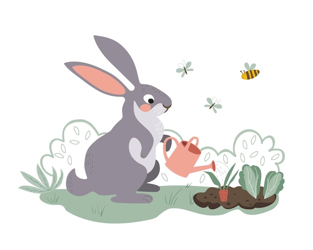 Een schattig konijntje geeft de tuin water uit een gieter. Het konijn kweekt wortelen.