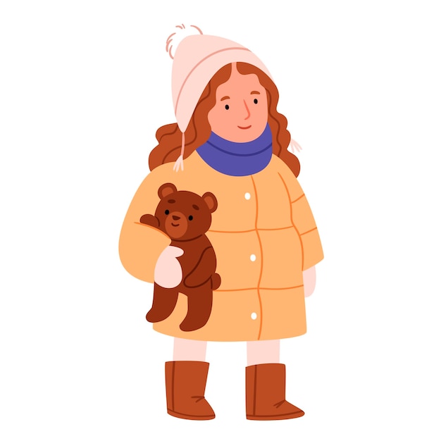 Vector een schattig meisje in winterkleding houdt een teddybeer vast winterwandeling handgetekende stijl