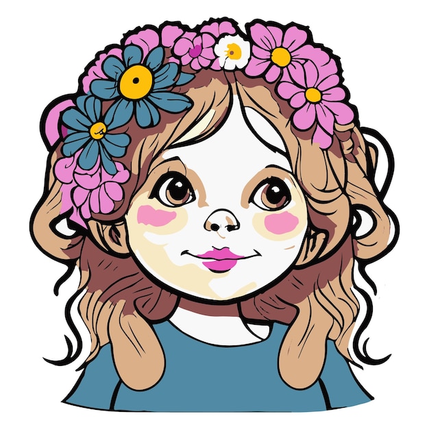 Een schattig meisje met bloemen creatieve logo komische stijl
