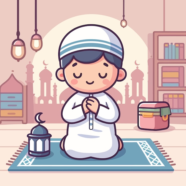een schattig moslimkind bidt en iftar in de maand ramadan