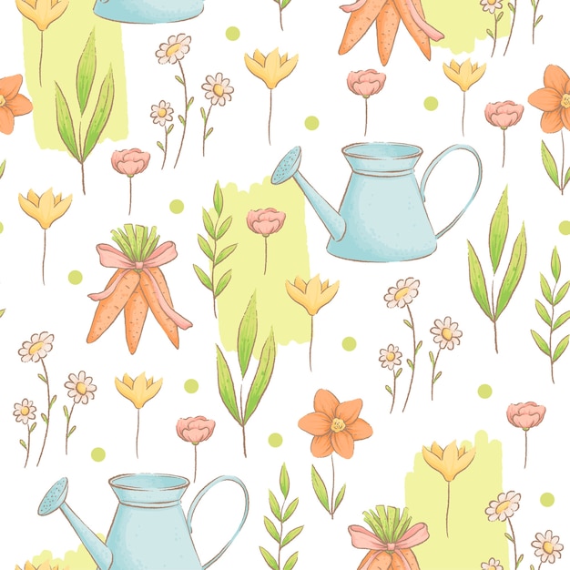 Een schattig naadloze patroon met gieters, wortelen en bloemen op het thema tuin lente Pasen patroon imitatie van handgemaakte aquarellen Cartoon plat