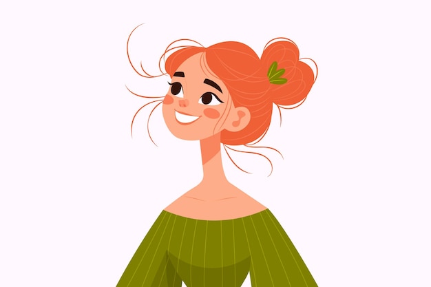 Een schattig roodharig meisje in een olijfkleed platte vector illustratie