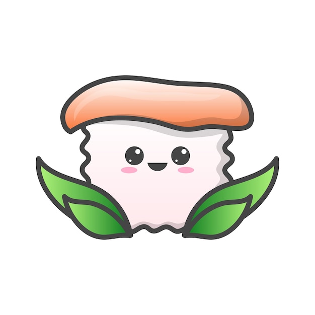 Een schattig sushi-personage met een schattig gezicht en groene bladeren