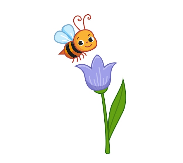 Een schattige cartoonbij verzamelt nectar van een blauwe tulpenbloem teken een bijeninsect in kinderstijl