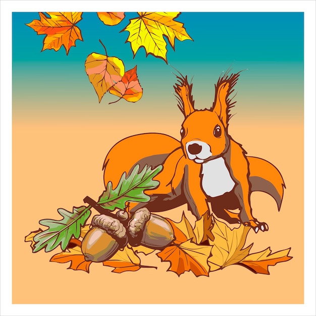 Een schattige eekhoorn zit op de grond tussen bladeren en eikels. Banner met kleurrijke herfst elementen. illustratie. Herfst banner achtergrond.