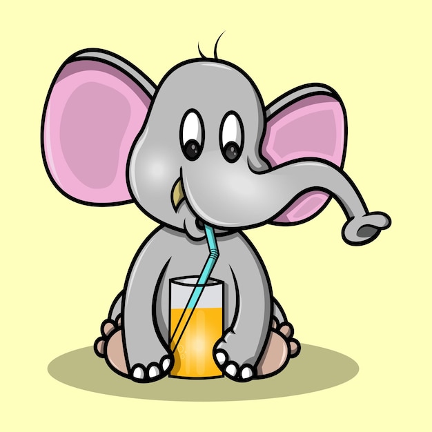 Een schattige en schattige olifant drinkt oranje water met een rietje