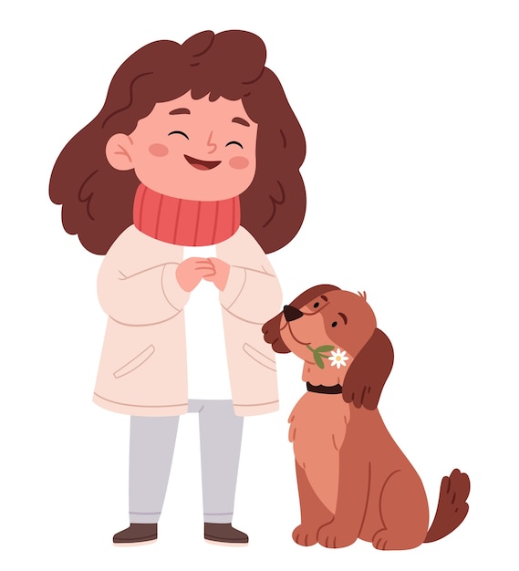 Een schattige hond bracht een bloem aan een meisje en het meisje glimlacht