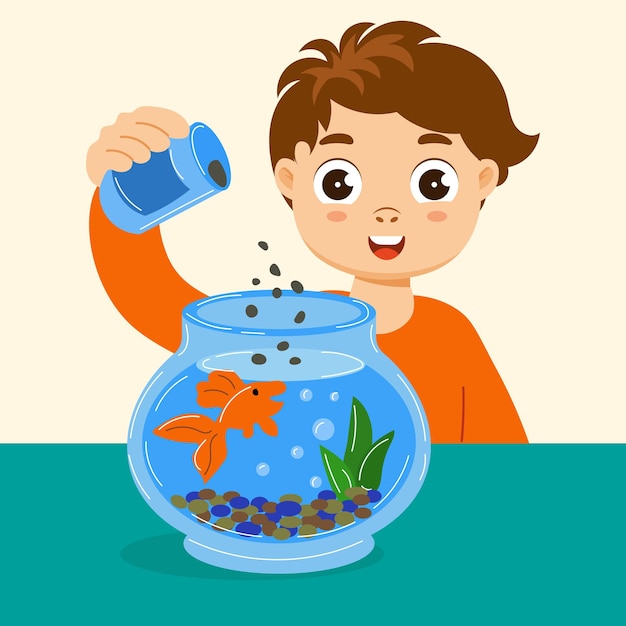 Een schattige jongen voedt een vis in een rond glazen aquarium Baby illustratie print vector