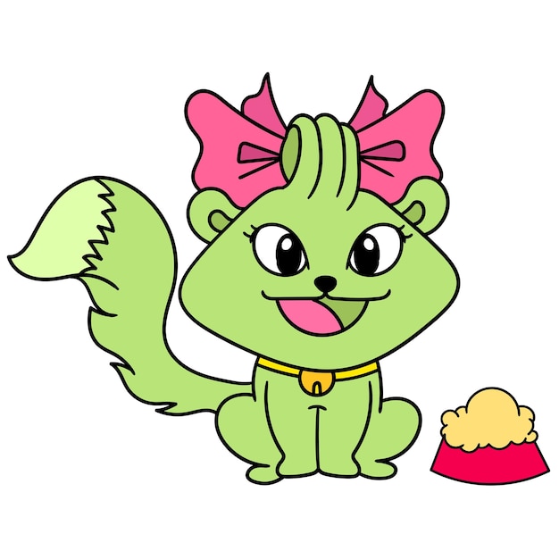 Een schattige kat met een lint lacht eten, karakter schattig doodle tekenen. vector illustratie