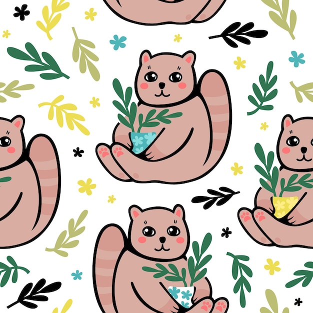 Een schattige kat zit en houdt een pot vast met een plant in zijn poten Gardener cat Baby vectorillustratie Naadloos patroon