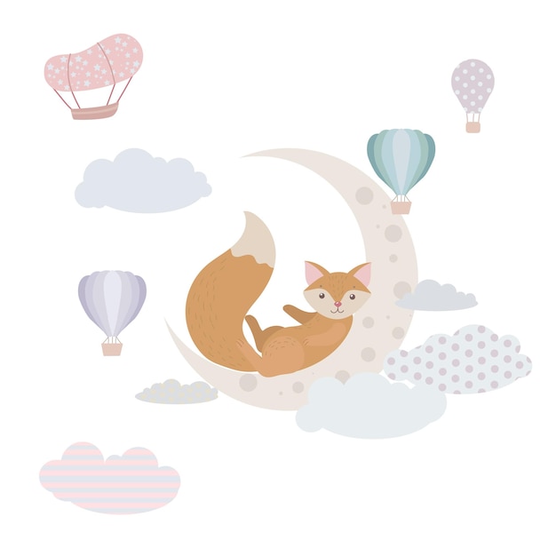 Een schattige kleine vos slaapt op een maan Dier op de maan Ballonnen en luchtschip Kinderillustratie Leuke print vector geïsoleerd op een witte achtergrond