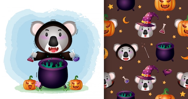 Een schattige koala met heks kostuum halloween karakter collectie. naadloze patroon en illustratie ontwerpen