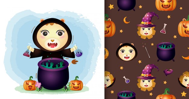 Een schattige leeuw met heks kostuum halloween karakter collectie. naadloze patroon en illustratie ontwerpen