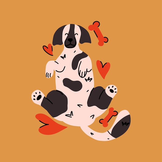 Een schattige liggende hond met een hart op zijn buik Hond icoon Vector illustratie in doodle stijl