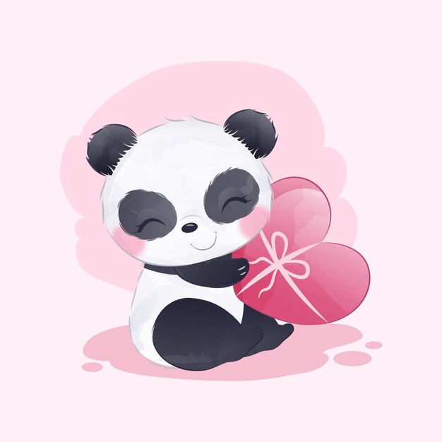 Vector een schattige panda met een valentijnsdag hartvormige ballon vector illustratie kaart ontwerp