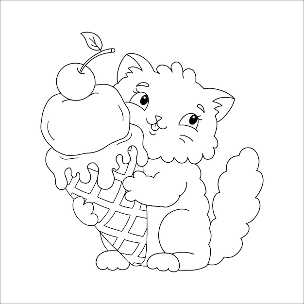 Een schattige pluizige kat houdt heerlijk smakelijk ijs in zijn poten Kleurboekpagina voor kinderen