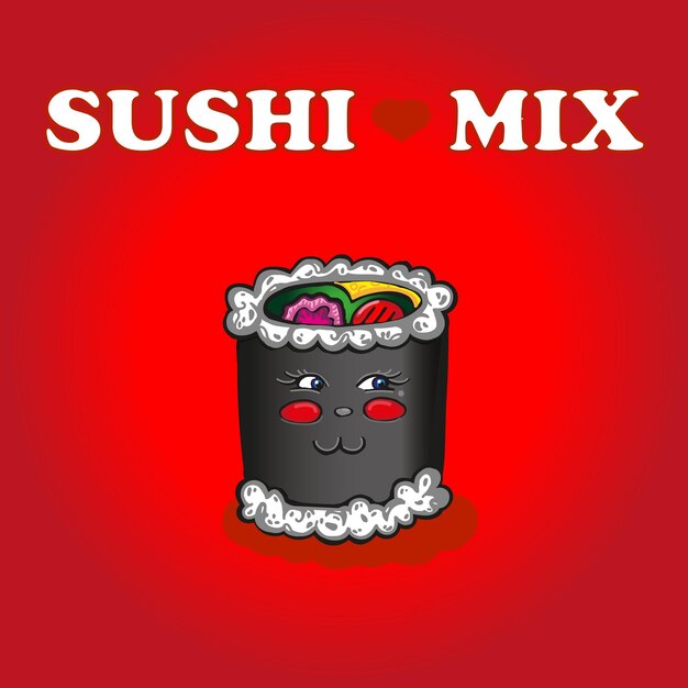 Een schattige sushi met rode wangen en een speelse zijwaartse blik kawaii roll op een gradiënt rode achtergrond