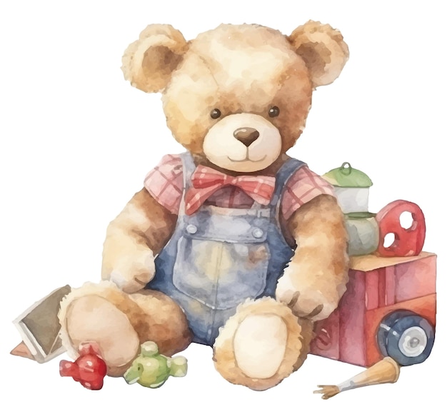 Een schattige teddybeer met een speelgoedauto. aquarel illustratie.