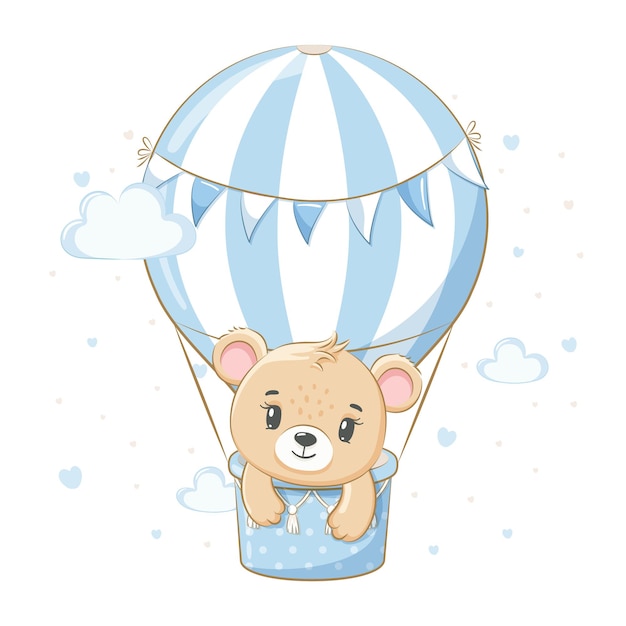 Een schattige teddybeer vliegt in een ballon. Vectorillustratie van een tekenfilm.