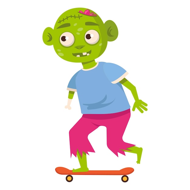 Een schattige zombie uit de collectie rijdt op een skateboard.