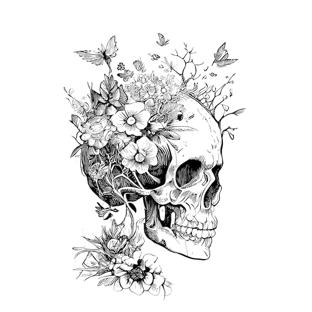 Een schedel met bloemen en vlinders.