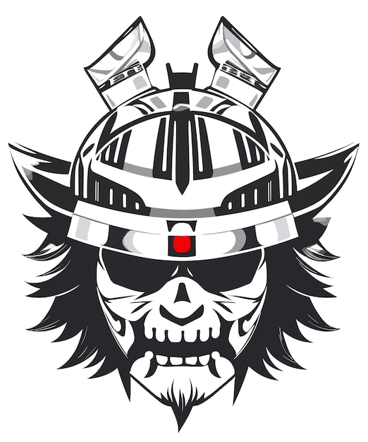 Een schedel met een helm en een rood logo voor de samurai.