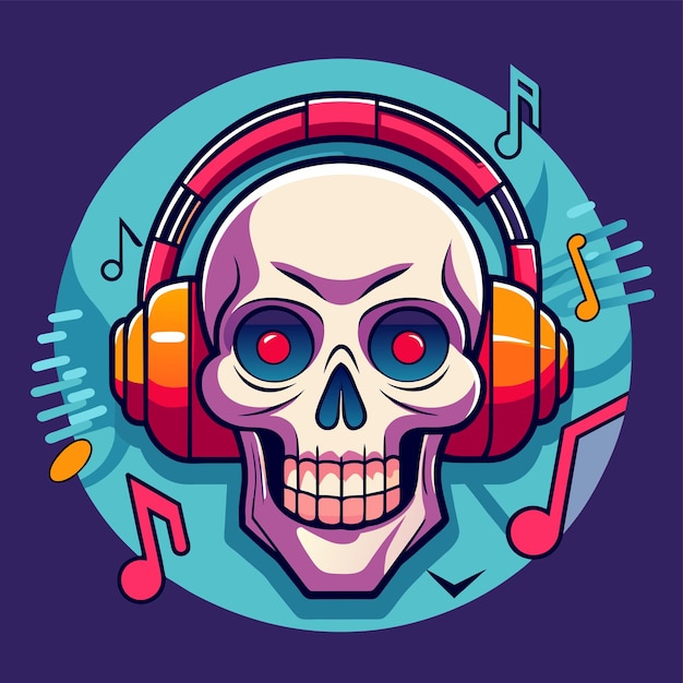 Een schedel met koptelefoon die naar muziek luistert met de hand getekende mascotte van een cartoon personage sticker